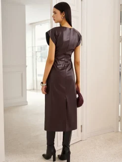 Cap-Sleeve Knotted Faux Leather Dress Casual Dresses|Work Dresses