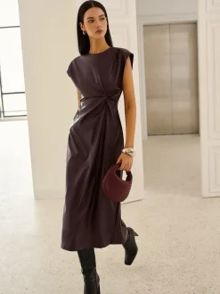 Cap-Sleeve Knotted Faux Leather Dress Casual Dresses|Work Dresses