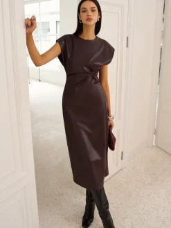 Cap-Sleeve Knotted Faux Leather Dress Casual Dresses|Work Dresses