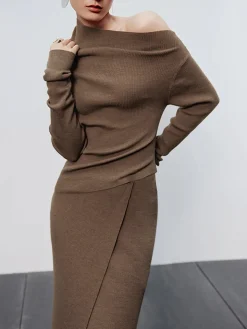 New Caramel Asymmetric Neckline Long Sleeve Knit Top Sweater Tops|Long Sleeve Sets