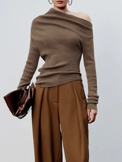 New Caramel Asymmetric Neckline Long Sleeve Knit Top Sweater Tops|Long Sleeve Sets