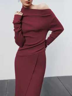 New Caramel Asymmetric Neckline Long Sleeve Knit Top Sweater Tops|Long Sleeve Sets