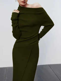 New Caramel Asymmetric Neckline Long Sleeve Knit Top Sweater Tops|Long Sleeve Sets