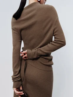 New Caramel Asymmetric Neckline Long Sleeve Knit Top Sweater Tops|Long Sleeve Sets