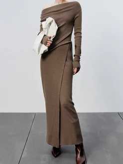 Caramel Slit Maxi Knit Skirt Long Sleeve Sets|Skirts