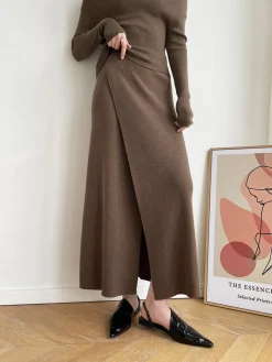 Caramel Slit Maxi Knit Skirt Long Sleeve Sets|Skirts