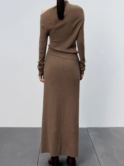 Caramel Slit Maxi Knit Skirt Long Sleeve Sets|Skirts