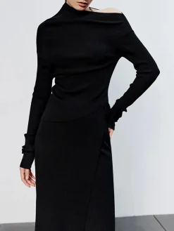 Caramel Slit Maxi Knit Skirt Long Sleeve Sets|Skirts