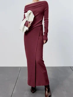 Caramel Slit Maxi Knit Skirt Long Sleeve Sets|Skirts