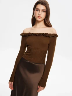 Clearance Cashmere-Blend Off-Shoulder Ruffle Sweater Sweater Tops|Sweaters & Cardigans