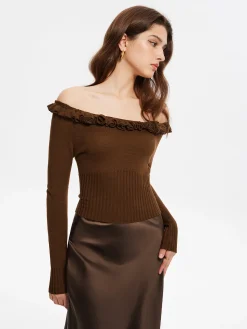 Clearance Cashmere-Blend Off-Shoulder Ruffle Sweater Sweater Tops|Sweaters & Cardigans