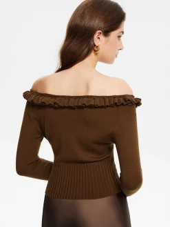 Clearance Cashmere-Blend Off-Shoulder Ruffle Sweater Sweater Tops|Sweaters & Cardigans
