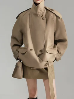 Online Casual Asymmetrical Lapel Trench Coat Outerwear|Coats