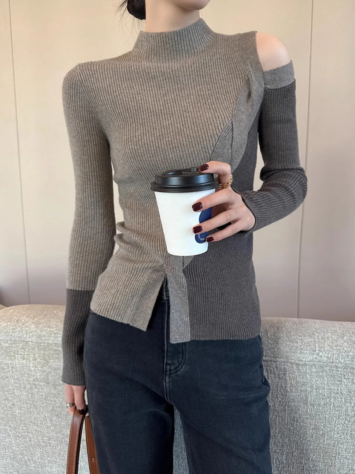 Hot Casual Color Block Cutout Knit Top Sweater Tops|Sweaters & Cardigans
