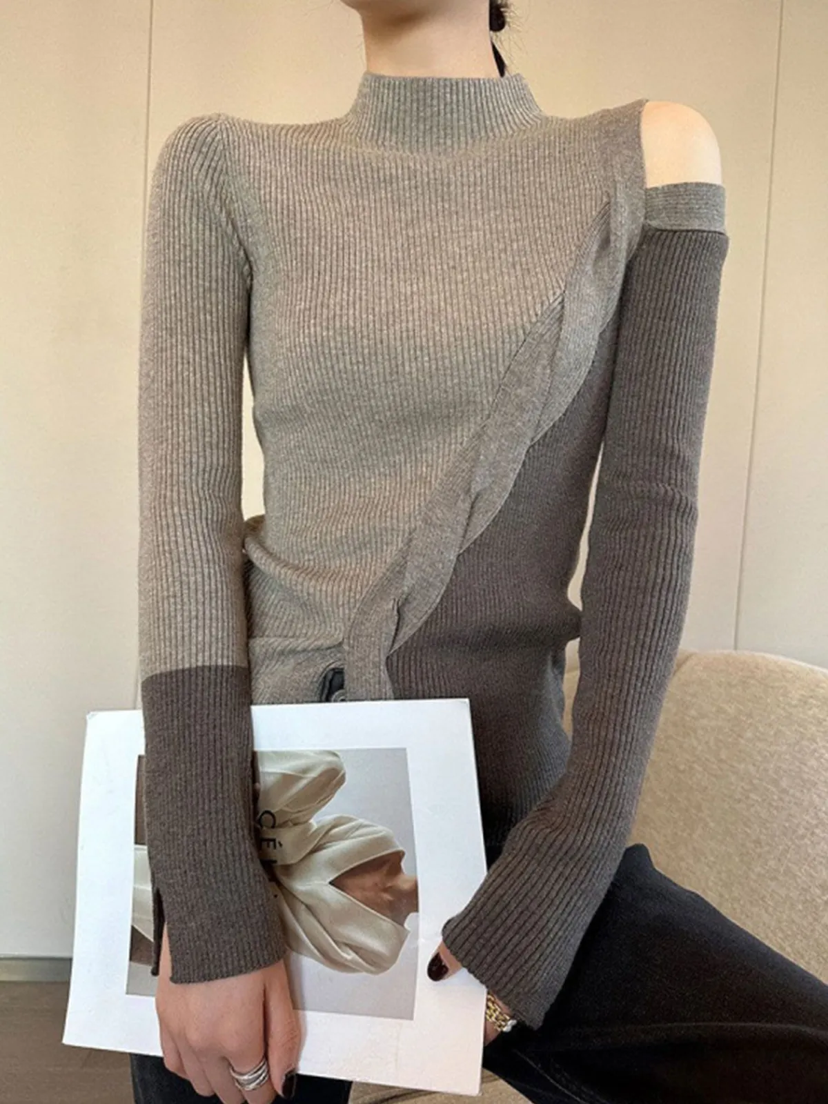 Hot Casual Color Block Cutout Knit Top Sweater Tops|Sweaters & Cardigans