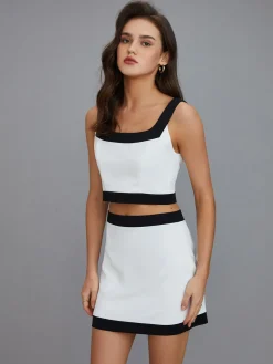 New Casual Contrast Short Skirt Set Skirt Sets|Long Sleeve Sets