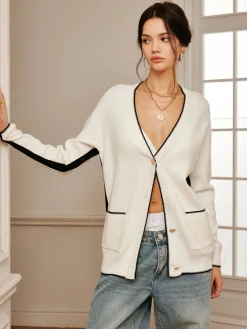 Casual Contrast Trim Knit Outerwear Sweater Tops|Long Sleeve Sets