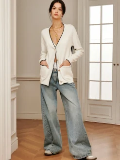Casual Contrast Trim Knit Outerwear Sweater Tops|Long Sleeve Sets