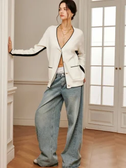 Casual Contrast Trim Knit Outerwear Sweater Tops|Long Sleeve Sets