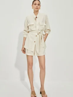 Online Casual Cotton & Linen Shorts Set With Belt Shorts Sets|Shorts