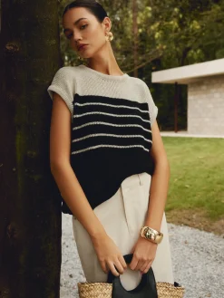 Sale Casual Cotton Blends Striped Knit Top Sweater Tops|Sweaters & Cardigans