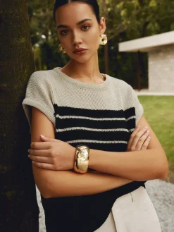 Sale Casual Cotton Blends Striped Knit Top Sweater Tops|Sweaters & Cardigans
