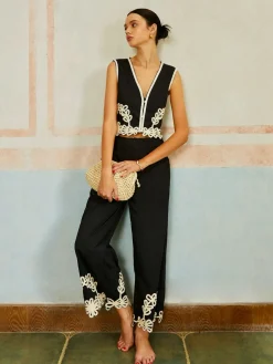 Casual Embroidery Sleeveless Zipper Pants Set Pants Sets|Matching Sets