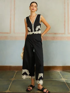 Casual Embroidery Sleeveless Zipper Pants Set Pants Sets|Matching Sets