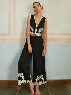 Casual Embroidery Sleeveless Zipper Pants Set Pants Sets|Matching Sets