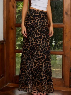 New Casual Leopard Print Chiffon Maxi Skirt Skirts|Bottoms