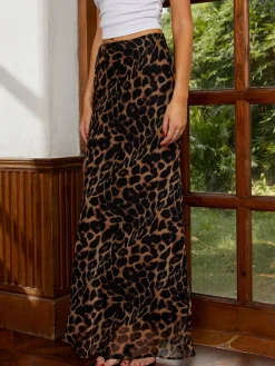 New Casual Leopard Print Chiffon Maxi Skirt Skirts|Bottoms