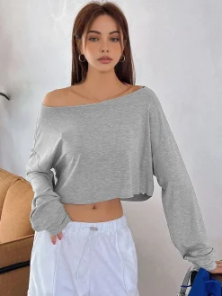 Discount Casual Off-Shoulder Long Sleeve Short T-Shirt T-shirts|Tops
