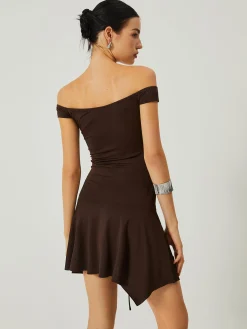 Hot Casual Off-Shoulder Ruched Ruffle Hem Dress Cocktail & Party Dresses|Vacation Dresses
