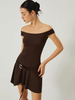 Hot Casual Off-Shoulder Ruched Ruffle Hem Dress Cocktail & Party Dresses|Vacation Dresses