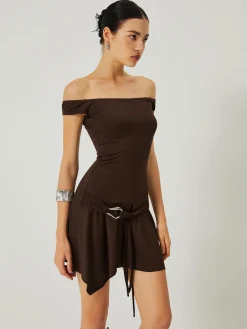 Hot Casual Off-Shoulder Ruched Ruffle Hem Dress Cocktail & Party Dresses|Vacation Dresses