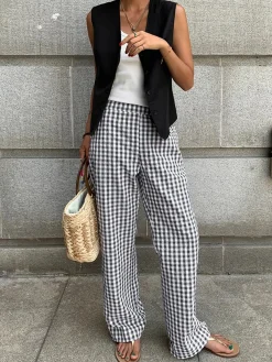 Online Casual Plaid Wide Leg Pants Wide Leg|Pants