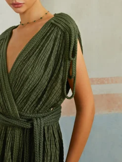 Discount Casual Pleated Belted Long Dress Casual Dresses|Vacation Dresses