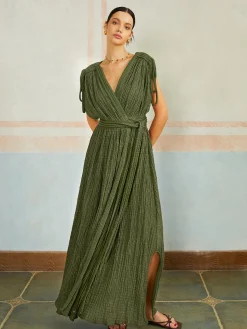 Discount Casual Pleated Belted Long Dress Casual Dresses|Vacation Dresses