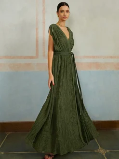 Discount Casual Pleated Belted Long Dress Casual Dresses|Vacation Dresses