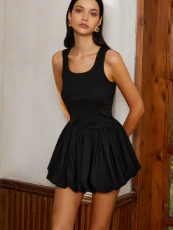New Casual Sleeveless Bubble Short Dress Black Dresses|Casual Dresses