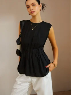 Discount Casual Sleeveless Pleated Button Back Blouse Blouses & Shirts|Tops