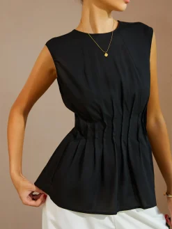 Discount Casual Sleeveless Pleated Button Back Blouse Blouses & Shirts|Tops
