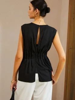 Discount Casual Sleeveless Pleated Button Back Blouse Blouses & Shirts|Tops