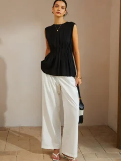 Discount Casual Sleeveless Pleated Button Back Blouse Blouses & Shirts|Tops