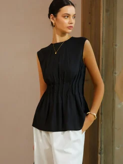 Discount Casual Sleeveless Pleated Button Back Blouse Blouses & Shirts|Tops