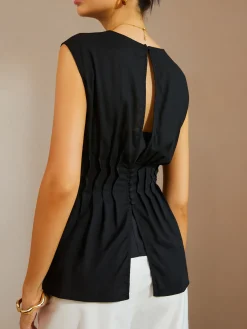 Discount Casual Sleeveless Pleated Button Back Blouse Blouses & Shirts|Tops