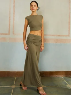 New Casual Slim Fit Pleated Long Skirt Set Skirt Sets|Long Sleeve Sets