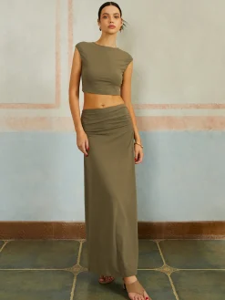 New Casual Slim Fit Pleated Long Skirt Set Skirt Sets|Long Sleeve Sets