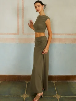 New Casual Slim Fit Pleated Long Skirt Set Skirt Sets|Long Sleeve Sets