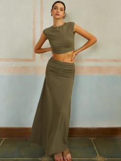 New Casual Slim Fit Pleated Long Skirt Set Skirt Sets|Long Sleeve Sets